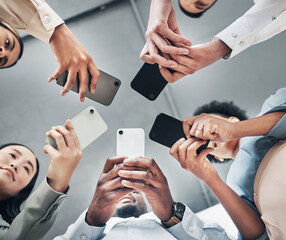 Poster - Phone, circle or business people networking on social media searching online news together in low angle. Mobile app technology, digital internet website or group chat community hands typing message