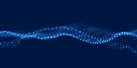 Dynamic blue particle wave. Abstract sound visualization. Flow digital structure. Mesh landscape or grid data technology.