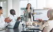 © Allistair F/peopleimages.com - Presentation, clapping and business woman, manager or speaker on screen in growth strategy, ideas or proposal success. Asian presenter, audience or people applause in workshop, seminar or conference