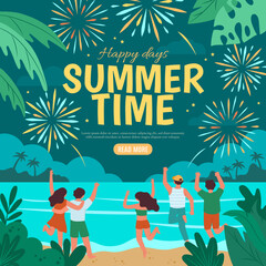 Night summer event. Seashore party. Happy people vacation. Beach shopping or travel banner. Women and men looking at fireworks. Tropical marine resort. Vector illustration background