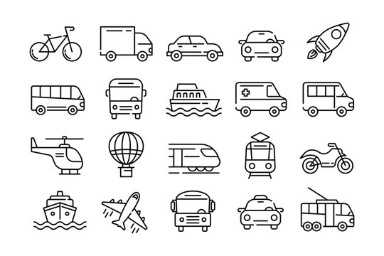 Wall Mural - Transport icons. Car outline symbols. Bus and truck. Taxi automobile. Bicycle and motor bike. Vehicle trail. Sea boat. Helicopter and motorcycle traffic. Vector line pictograms set