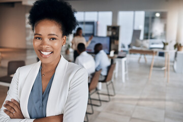 Poster - Meeting, black woman portrait and happy business manager in a conference room with mockup. Leader success, management and proud ceo with workplace teamwork strategy and company worker vision