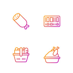 Sticker - Set line Roasted turkey or chicken, Shopping basket and food, Salami sausage and Barcode. Gradient color icons. Vector