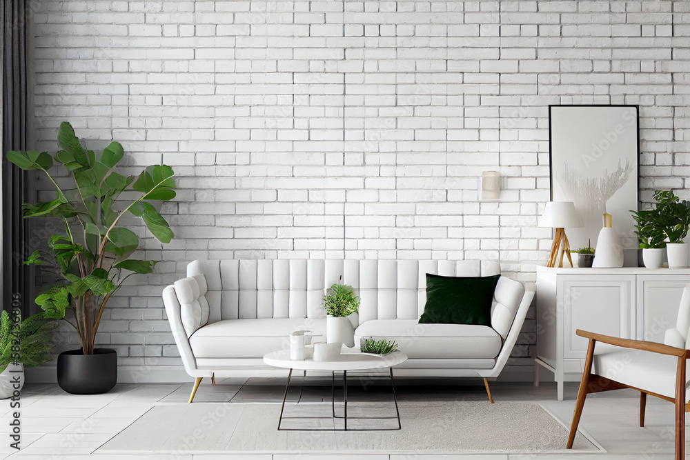 Design scandinavian interior of living room with flowers in vase and ...