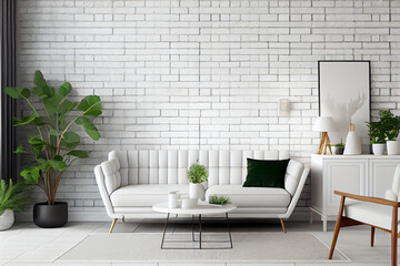 Wall Mural - Design scandinavian interior of living room with flowers in vase and mockup frame. AI Generated