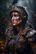 Portrait of an ancient female warrior with roman armor stained with mud and blood. Fantasy wallpaper, cover design and poster created with Generative AI