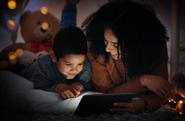 Poster - Movie, dark and a mother and child with a tablet before bedtime for a show, video or meme. Happy, streaming and a mom and boy kid watching a film, cartoon or series online with technology at night