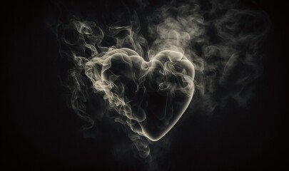  a heart shaped cloud of smoke on a black background with a black background and a black background with a white heart on the left side of the image.  generative ai