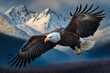 a bald eagle (Haliaeetus leucocephalus) soaring high above a mountain range - Generative AI