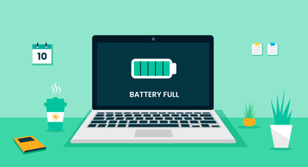 Laptop computer desk  battery full icon on screen concept, vector flat design illustration. laptop desk vector flat design. computer desk vector flat design. computer desk working space.