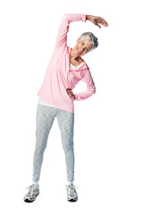 arm, stretch and fit senior woman ready for body exercise and wellness workout on a transparent, png