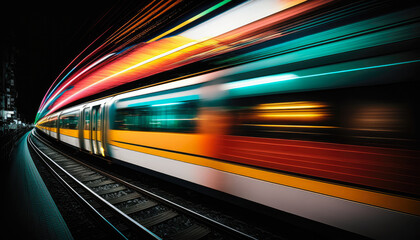 a subway train racing through the tunnels beneath Tokyo, with the futuristic neon lights and sleek design of the train creating a modern and edgy shot, long exposure - Generative AI