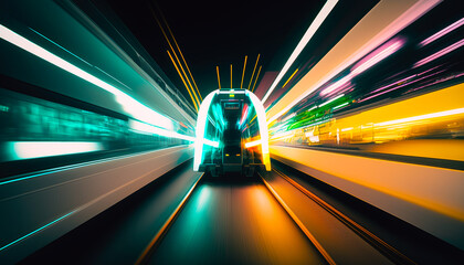 Wall Mural - a subway train racing through the tunnels beneath Tokyo, with the futuristic neon lights and sleek design of the train creating a modern and edgy shot, long exposure - Generative AI