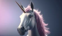  A White Unicorn With A Pink Mane And A Pink Tail Is Shown In A Digital Painting Style, With A Blue Background And A Light Purple Hue.  Generative Ai