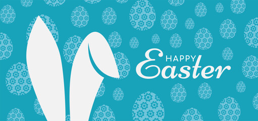 Wall Mural - Happy Easter. Banner, poster, greeting card with typography, bunny ears, and eggs. Vector illustration.