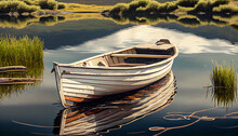 Fishing Boat In Calm Lakes. Old Wooden Fishing Boat. Wooden Boat In Still Lake Water At Sunset