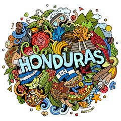 Sticker - Honduras cartoon doodle illustration. Funny design. Creative vector background. Handwritten text with Jamaican elements and objects. Colorful composition
