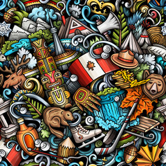 Wall Mural - Cartoon doodles Canada seamless pattern. Backdrop with local Canadian culture symbols and items. Colorful background for print on fabric, textile, greeting cards, scarves, wallpaper