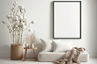 Blank wood vertical frame mockup, room with a picture frame and flowers, a wall interior background 