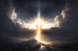 © Sergio - Paradise concept, divine miracle, magic. Bright light and passage in sky over desert. Generative AI