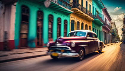 Naklejka na meble vintage car driving through the streets of Havana, with the colorful buildings and traditional architecture of the city in the background, long exposure - Generative AI