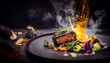 © Ljuba3dArt - Food concept on a black background, delicious, luxurious meat meal in a plate. Medium roasted juicy meat. Dinner as in a restaurant, fine dining. Illustration, Generative AI.