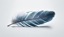  A Blue Feather Is Laying On A White Surface With A Long Shadow On The Side Of The Feather And The Tip Of The Feather Has A Black Tip.  Generative Ai