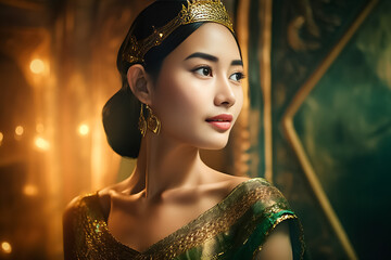 Wall Mural - Golden Asian Princess Concept Mood and Tone with light and dress in Brightness Gold Theme. generative AI