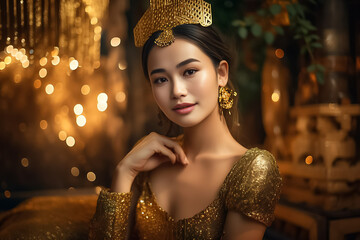 Golden Asian Princess Concept Mood and Tone with light and dress in Brightness Gold Theme. generative AI