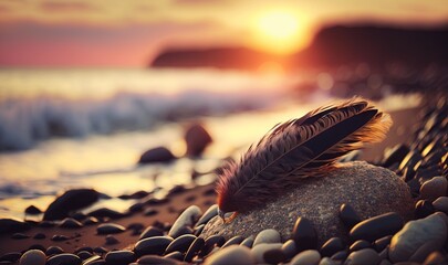 Poster -  a feather resting on a rock on the beach at sunset with the sun in the background and a wave coming in from the ocean behind it.  generative ai