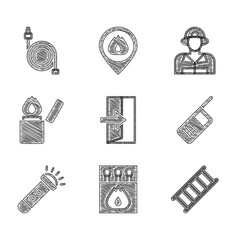 Canvas Print - Set Fire exit, Matchbox and matches, escape, Walkie talkie, Flashlight, Lighter, Firefighter and hose reel icon. Vector