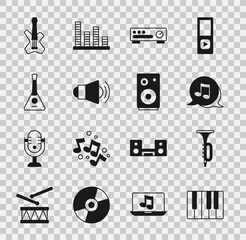 Wall Mural - Set Music synthesizer, Trumpet, note, tone, Sound mixer controller, Megaphone, Balalaika, Electric bass guitar and Stereo speaker icon. Vector