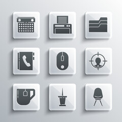 Wall Mural - Set Push pin, Office chair, Head hunting concept, Computer mouse, Cup of tea with tea bag, Address book, Calendar and Document folder icon. Vector