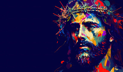 colorful abstract portrait jesus impasto painting art. banner christ in a crown of thorns pop art po