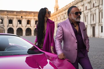 Concept of wealth and success. Couple of rich and good-looking Indian people in front of their mansion