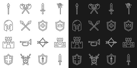 Sticker - Set line Medieval sword, Castle, fortress, Shield with crown, Crossed medieval spears, iron helmet, and icon. Vector