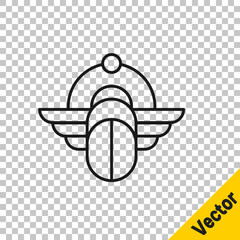 Poster - Black line Egyptian Scarab icon isolated on transparent background. Winged scarab Beetle and sun. Vector