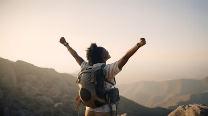 Wall Mural - Afro-descendant woman on top of a mountain, with her arms outstretched in triumph