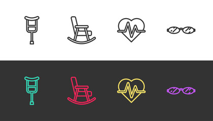 Wall Mural - Set line Crutch or crutches, Rocking chair, Heart rate and Eyeglasses on black and white. Vector