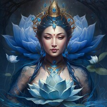 Goddess Quan Yin Rising From A Blue Lotus Generative AI