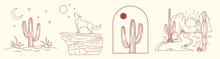 Wild West Desert Landscape Set With Mountains And Cactus, Coyote. Retro Cartoon Vector Illustration