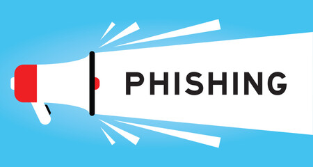 Sticker - Color megaphone icon with word phishing in white banner on blue background