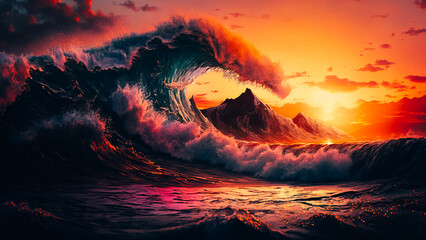 Wall Mural - Ocean waves, pink sunset