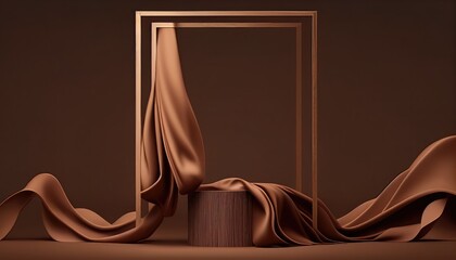 3D background. Podium display mockup. Brown silk cloth in motion. Gold frame for Beauty, product, cosmetic presentation. Feminine scene with pedestal.  Generative AI Technology