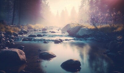 Wall Mural -  a stream running through a forest filled with rocks and trees on a foggy day with sun shining through the trees and the water flowing over the rocks.  generative ai