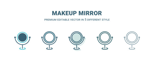 makeup mirror icon in 5 different style. Outline, filled, two color, thin makeup mirror icon isolated on white background. Editable vector can be used web and mobile