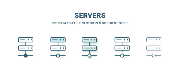 servers icon in 5 different style. Outline, filled, two color, thin servers icon isolated on white background. Editable vector can be used web and mobile