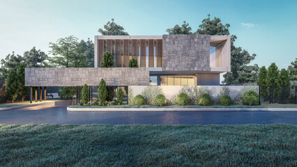 Wall Mural - Architecture 3d rendering illustration of modern minimal house with natural landscape and walkway 