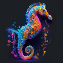 Colorful Seahorse In Neon Colors. Pop Style Art