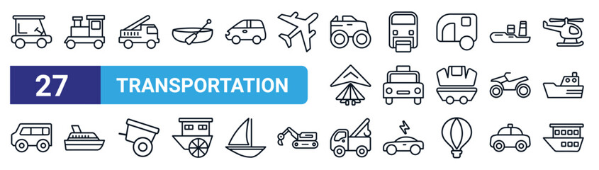 Wall Mural - set of 27 thin line transportation icons such as golf cart, train, fire truck, monorail, cab, yacht,